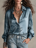 Slate Blue Leopard Floral Satin Shirt