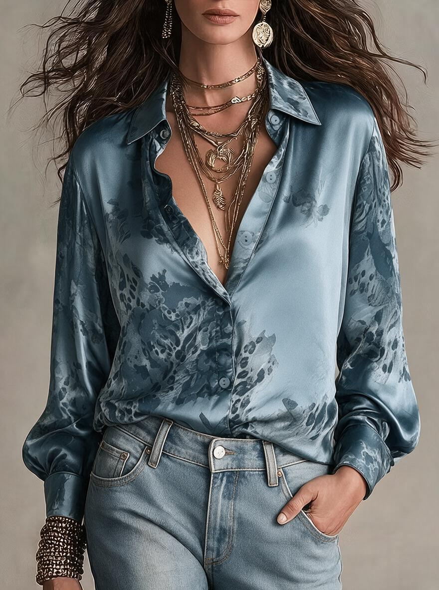 Slate Blue Leopard Floral Satin Shirt