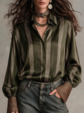 Olive Stripe Leopard Cuff Satin Shirt