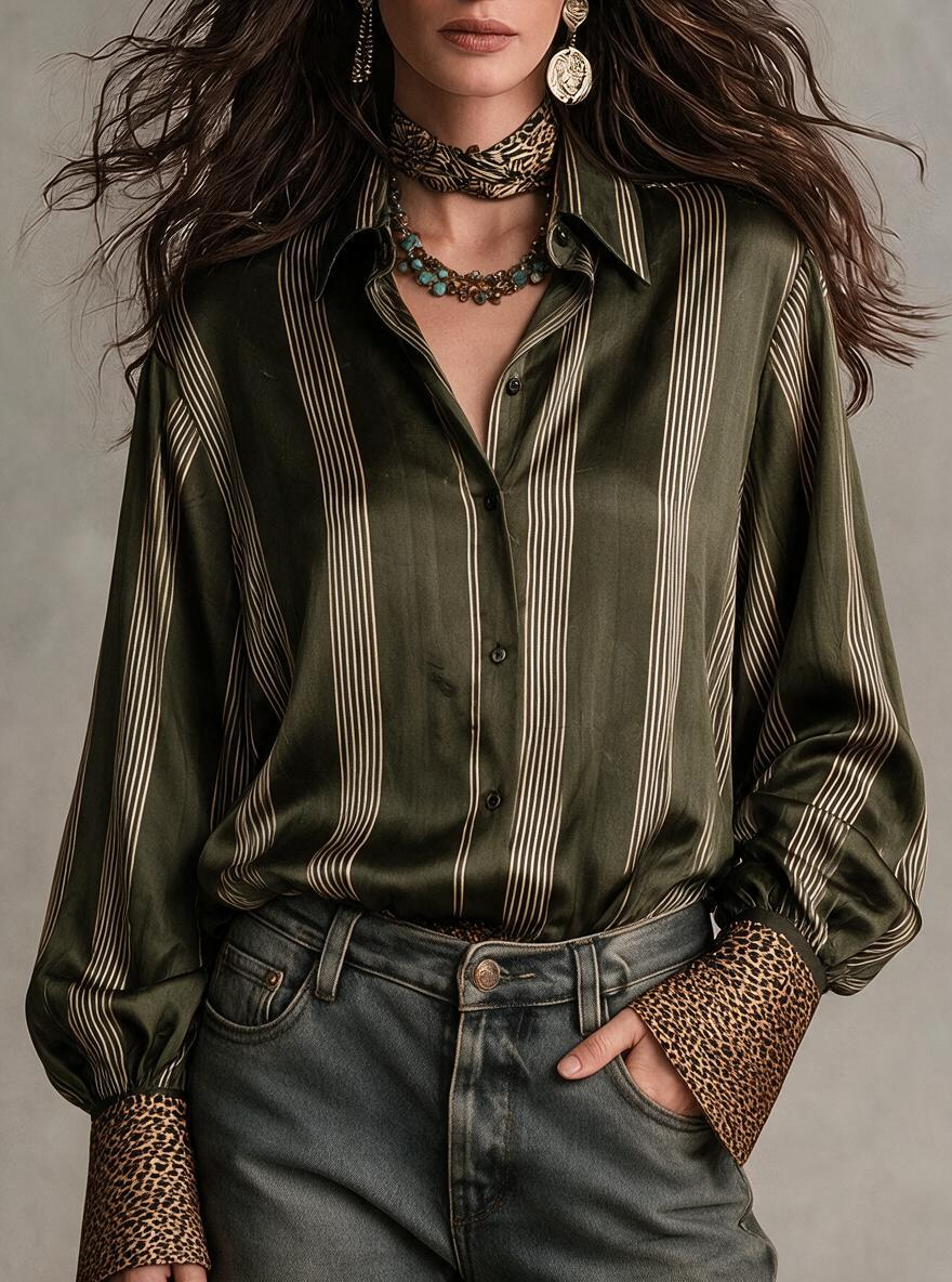 Olive Stripe Leopard Cuff Satin Shirt