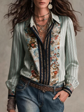 Mint Floral Panel Stripe Satin Shirt