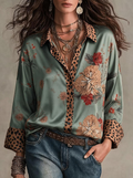 Sage Floral Leopard Pocket Satin Shirt