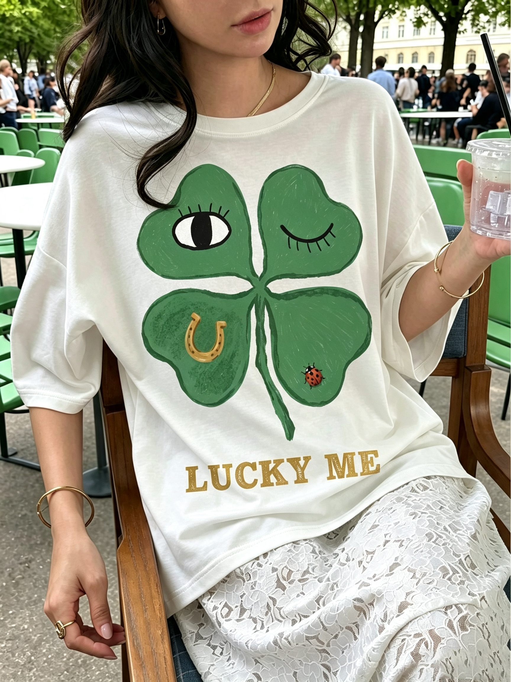 Lucky Me Clover Graphic Oversized Tee
