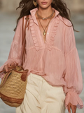 Dusty Pink Ruffle Trim Sheer Blouse