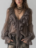 Charcoal Ruffle Tie-Front Sheer Blouse