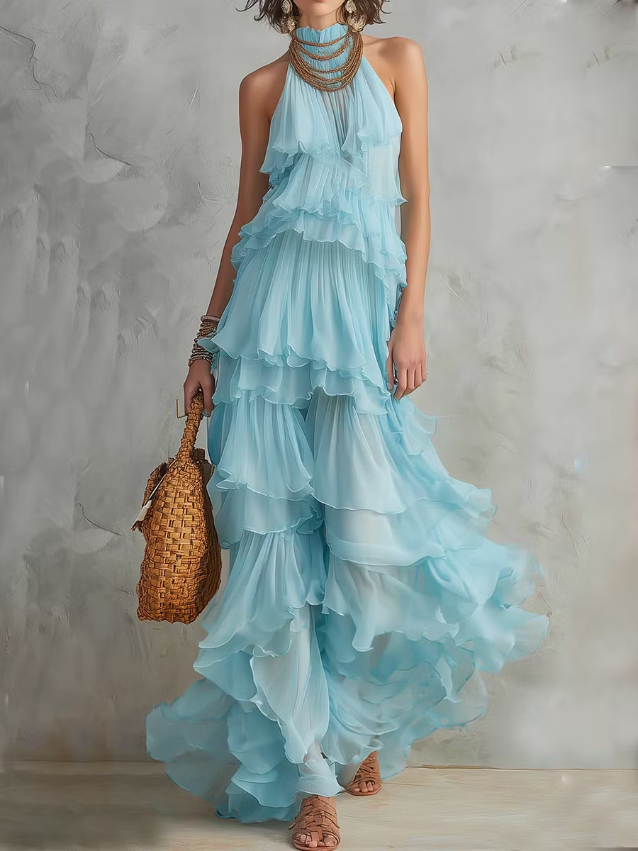 Sky Blue Halter Tiered Ruffle Maxi Dress