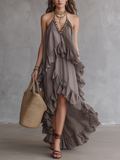 Taupe Embellished Halter Ruffle Maxi Dress