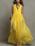 Bright Yellow Halter Gathered Maxi Dress