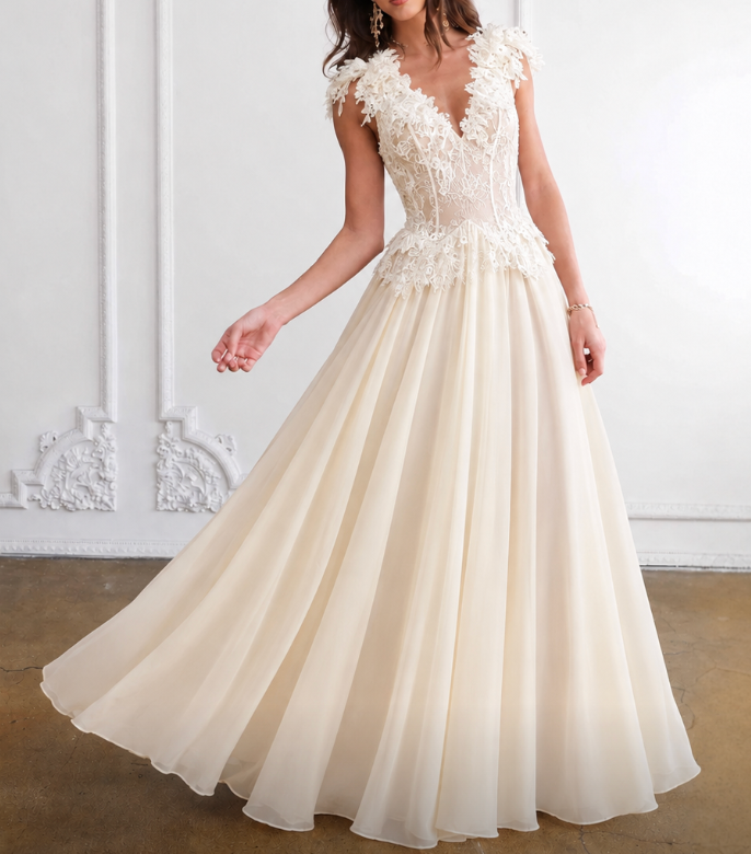 Cream Lace Applique A-Line Gown