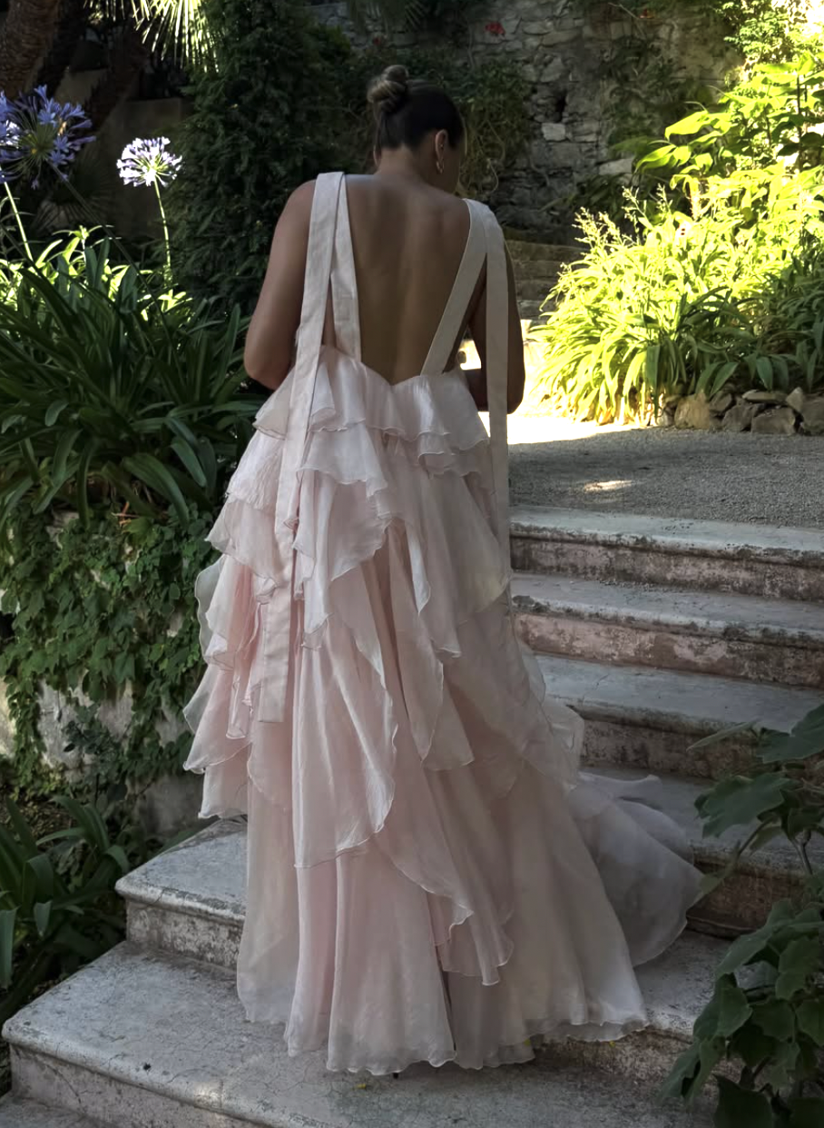 Blush Pink Tiered Ruffle Open-Back Maxi Dress
