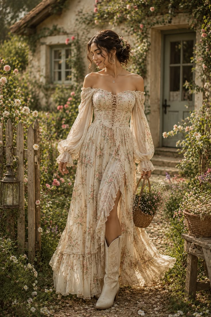 Cream Floral Off-Shoulder Corset Maxi Dress