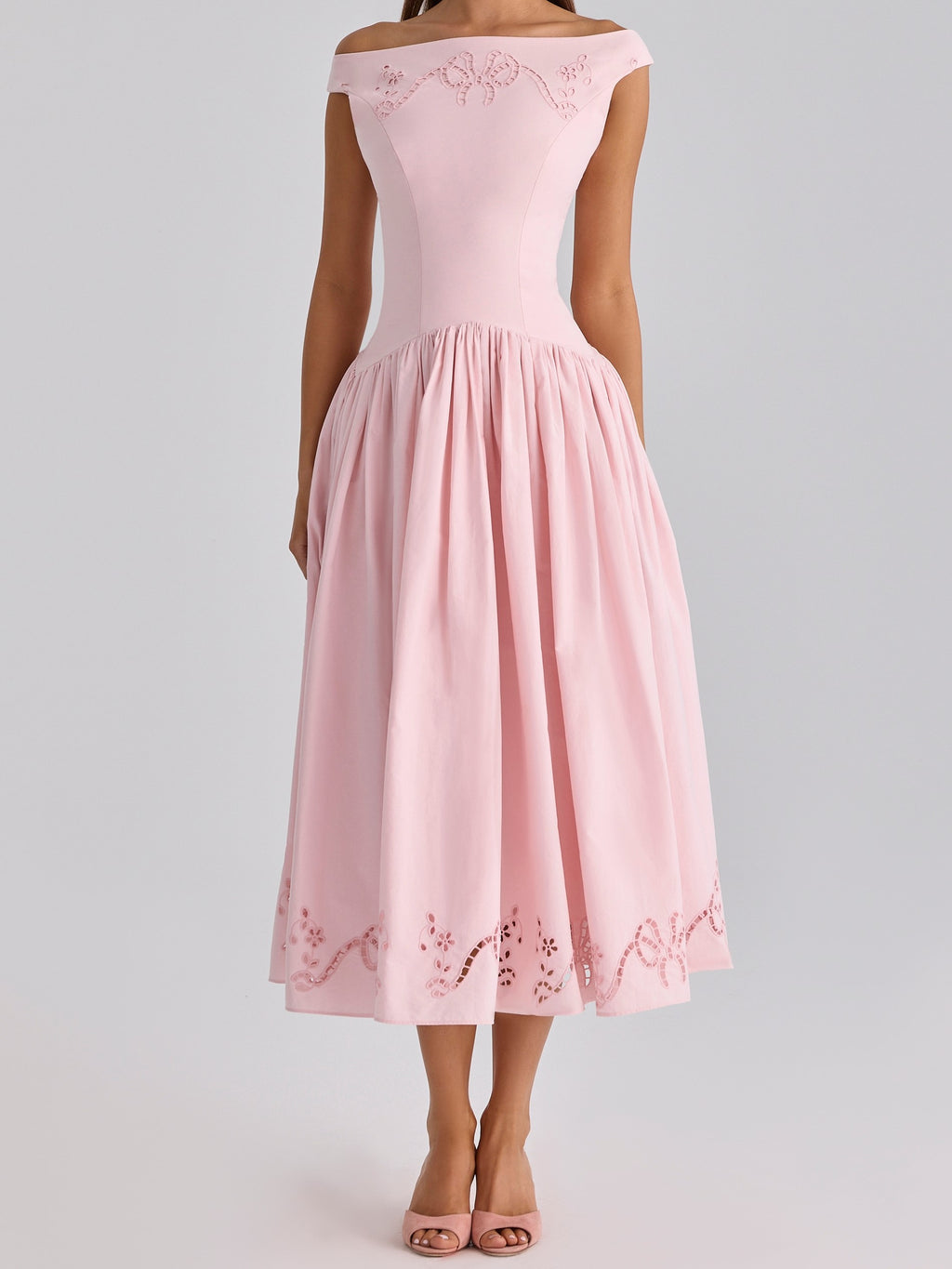 Pink Off-Shoulder Embroidered Midi Dress