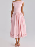 Pink Off-Shoulder Embroidered Midi Dress
