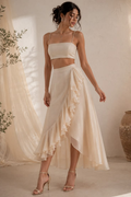 Cream Spaghetti Strap Crop Top And Ruffle Skirt Set