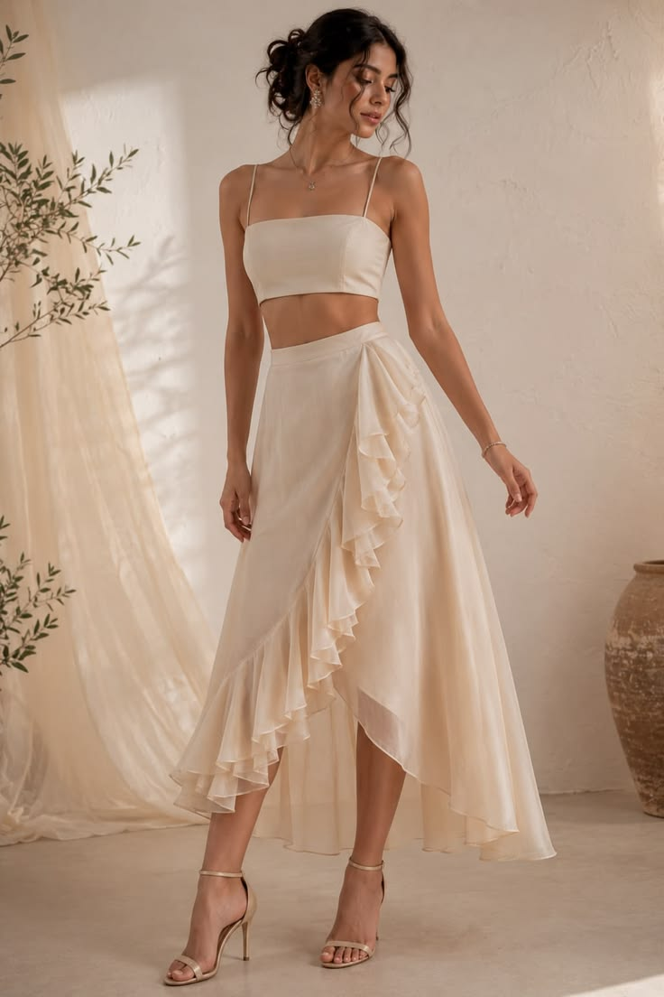 Cream Spaghetti Strap Crop Top And Ruffle Skirt Set