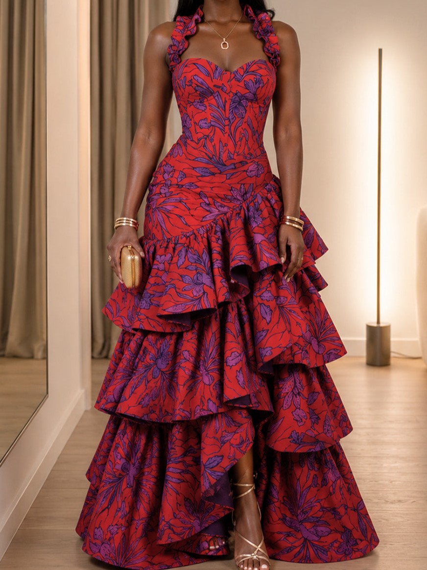 Red And Purple Floral Tiered Ruffle Maxi Dress