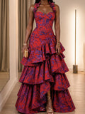 Red And Purple Floral Tiered Ruffle Maxi Dress