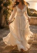 White Lace Long Sleeve Tiered Maxi Dress