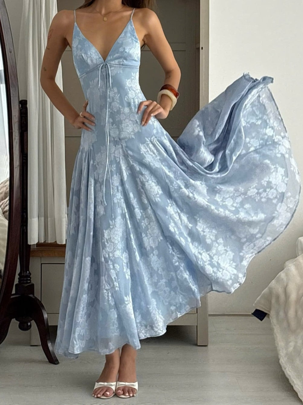 Light Blue Floral Drawstring Maxi Dress