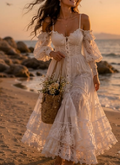 Cream Lace Off-Shoulder Tiered Maxi Dress