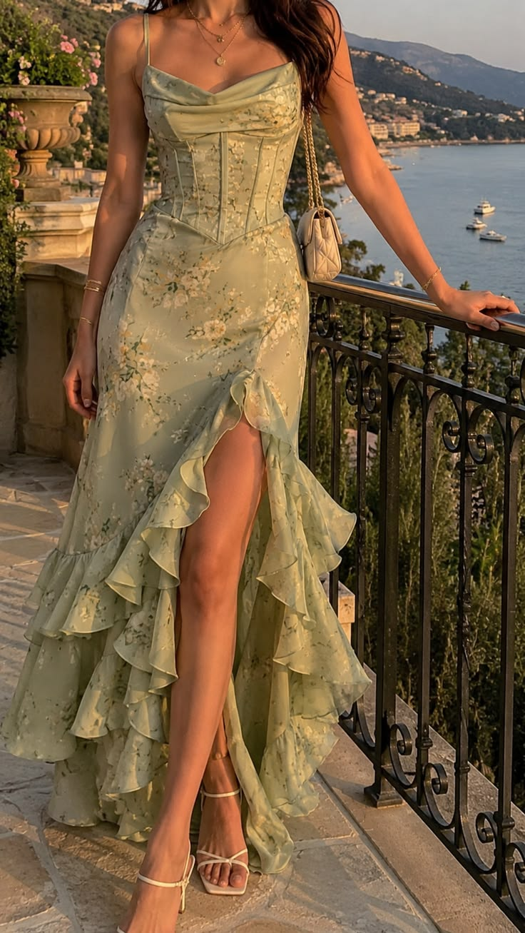Sage Green Floral Corset Ruffle Maxi Dress