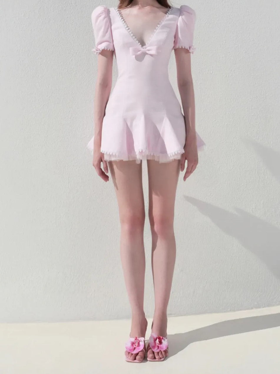 Pink Bow Detail Puff Sleeve Mini Dress