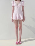 Pink Bow Detail Puff Sleeve Mini Dress