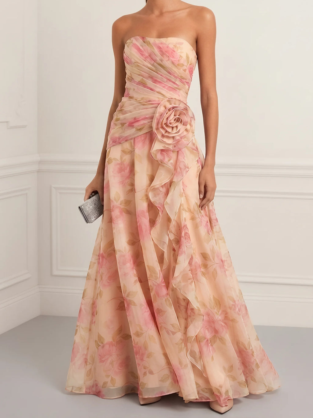 Peach Floral Strapless Ruffle Maxi Dress