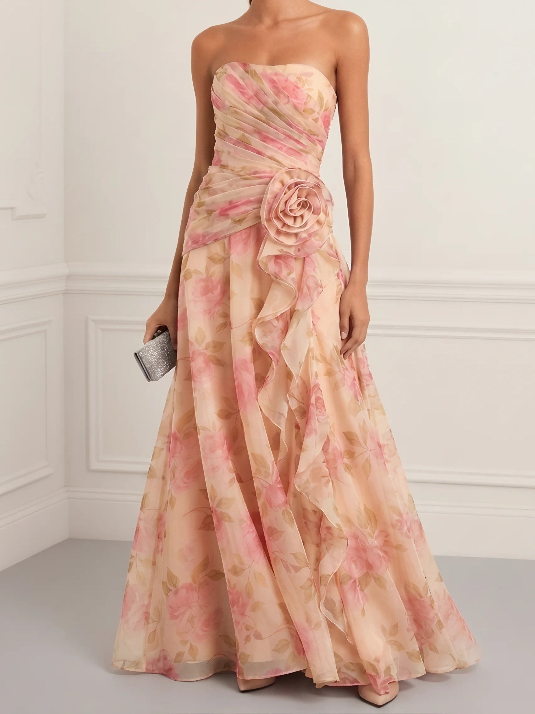 Peach Floral Strapless Ruffle Maxi Dress