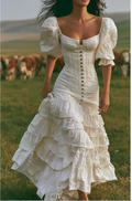 White Puff Sleeve Corset Tiered Maxi Dress