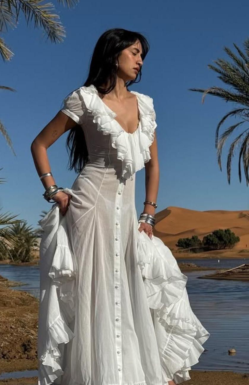 White Ruffled Button-Front Maxi Dress