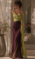 Chartreuse And Burgundy Draped Maxi Dress