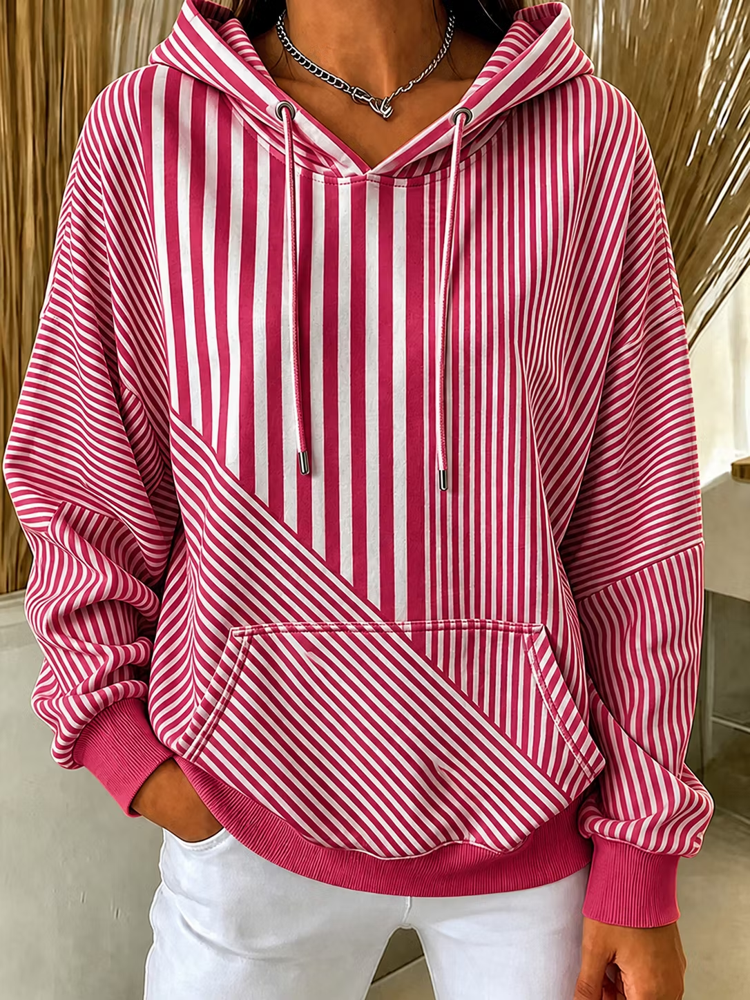 Pink White Striped Drawstring Hoodie
