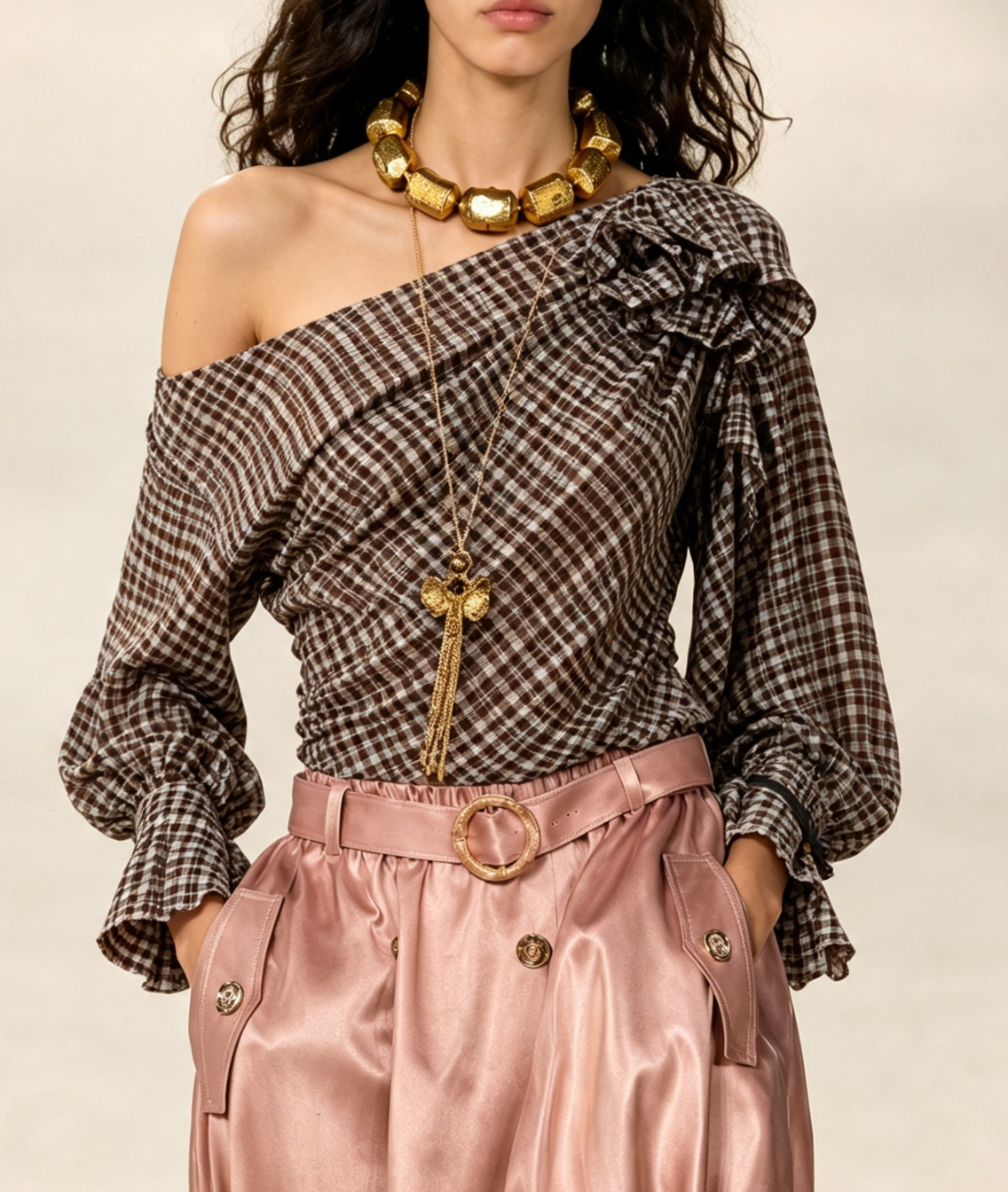 Brown Gingham Off-Shoulder Ruffle Top