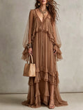 Mocha Sheer Tiered Ruffle Maxi Dress