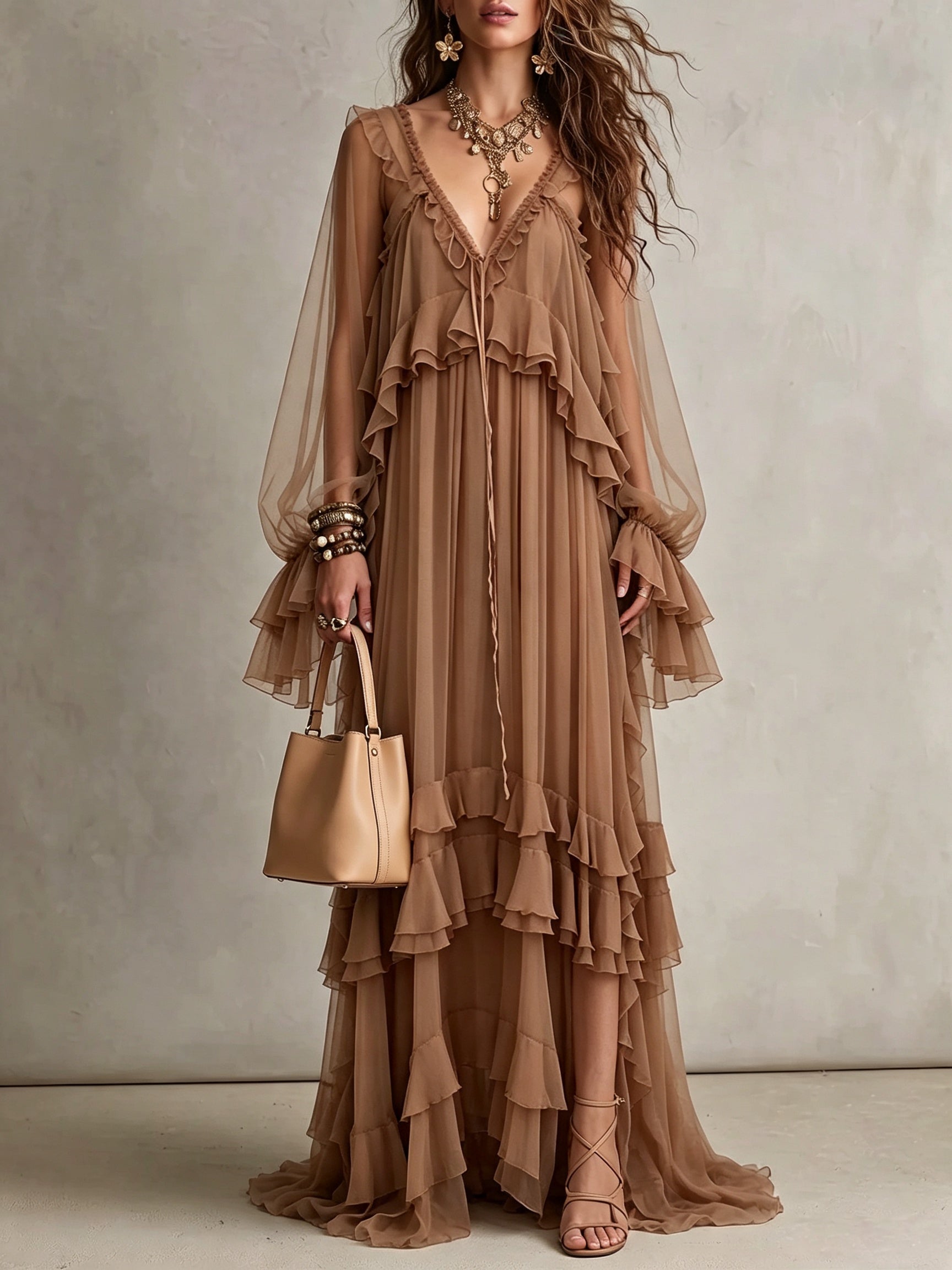 Mocha Sheer Tiered Ruffle Maxi Dress