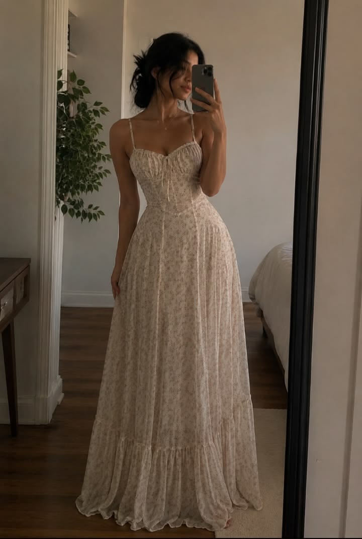 Cream Floral Corset Tiered Maxi Dress