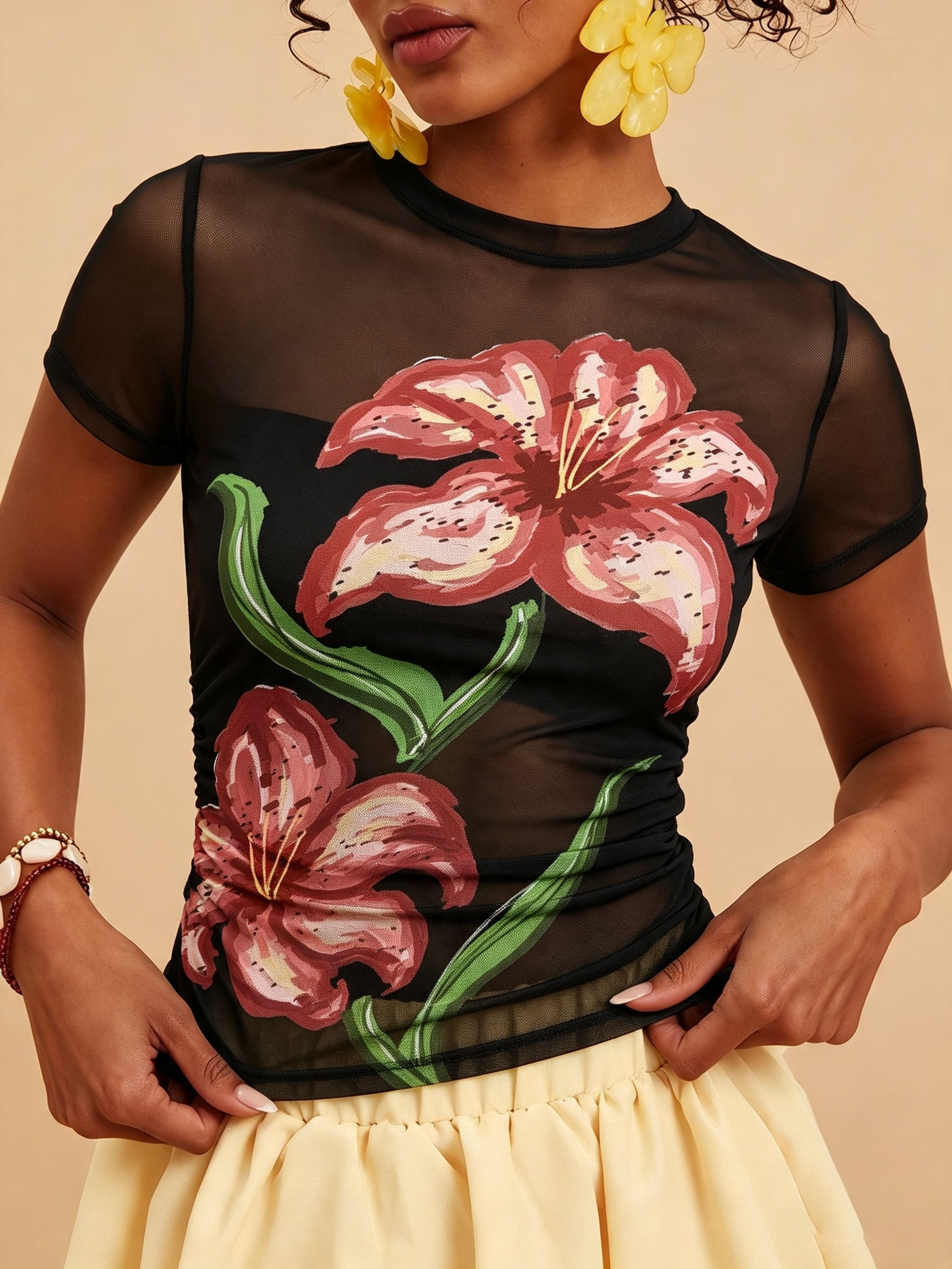 Black Sheer Lily Floral Mesh Top