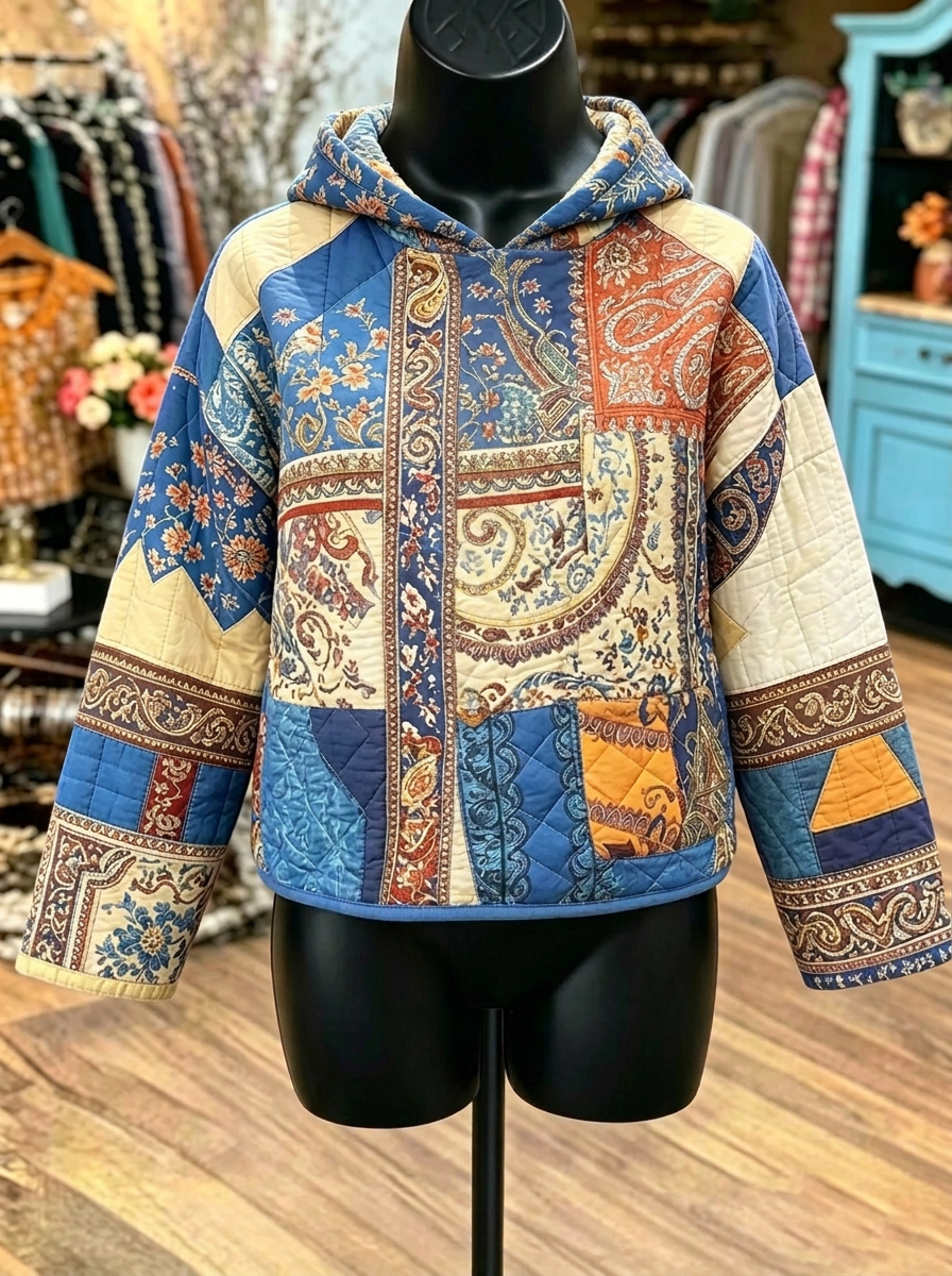 Blue Paisley Patchwork Quilted Hoodie