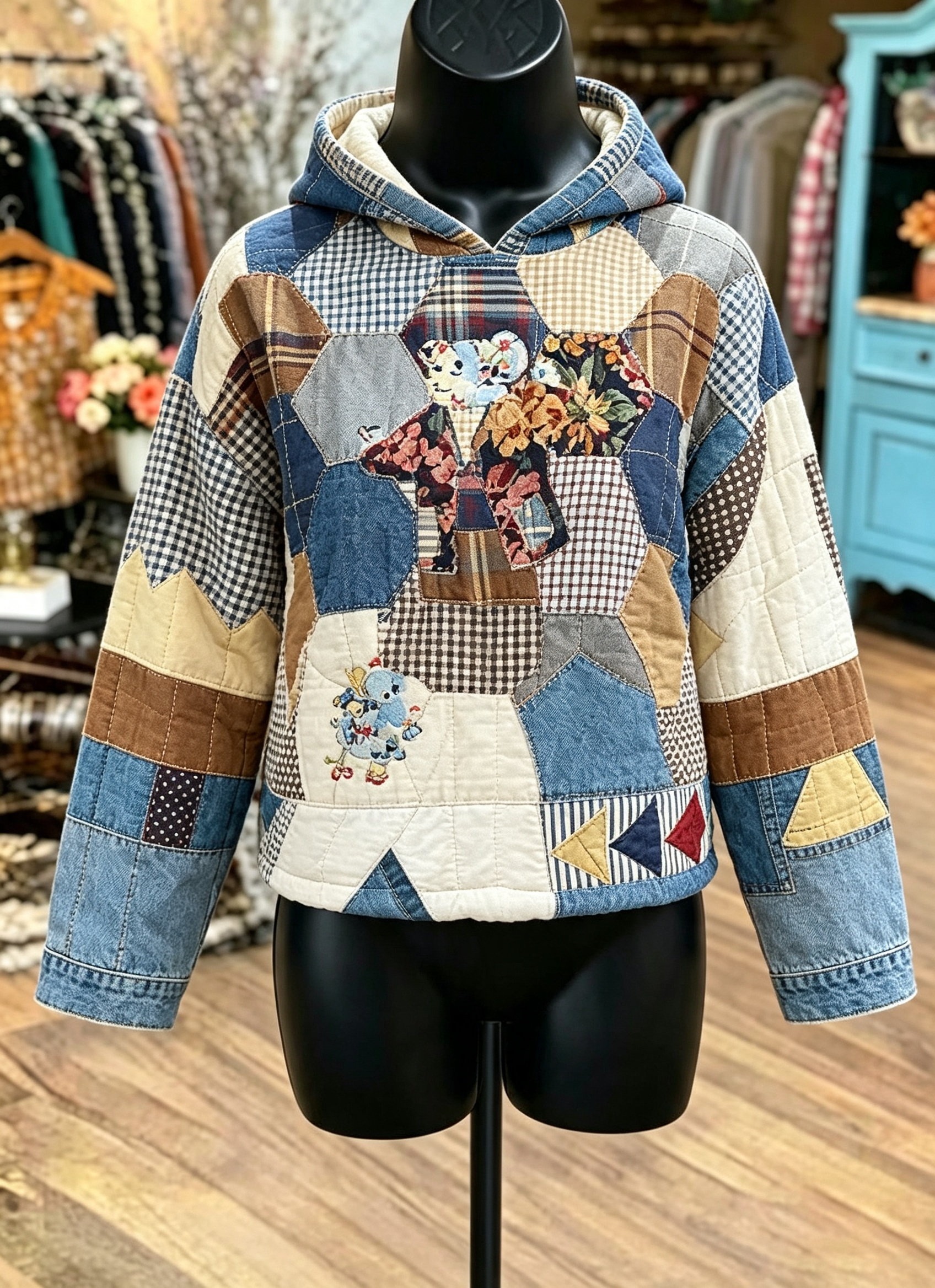 Denim Patchwork Quilted Hoodie