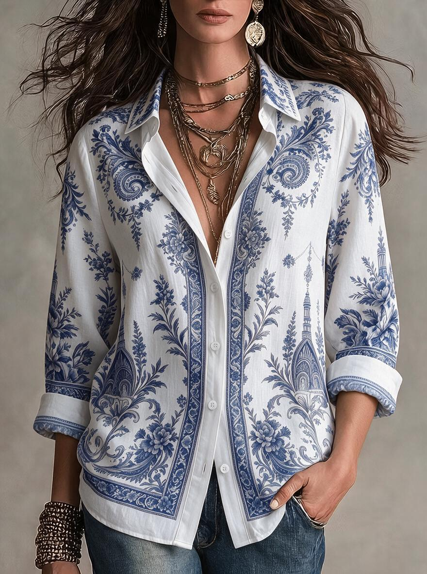 Blue Floral Paisley Print Linen Shirt