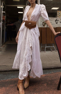White Deep V Lace Ruffle Puff Sleeve Midi Dress