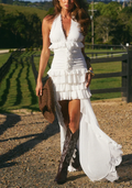 White Halter Ruffle High Low Asymmetric Maxi Dress