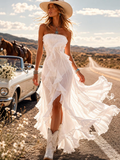 White Strapless Ruffle High Slit Flowy Maxi Dress