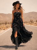 Black Strapless Ruffle High Slit Western Maxi Dress