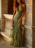 Olive Green Halter Lace Tiered Ruffle Mermaid Maxi Dress