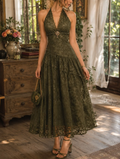 Olive Green Halter Lace Tiered Ruffle Midi Dress