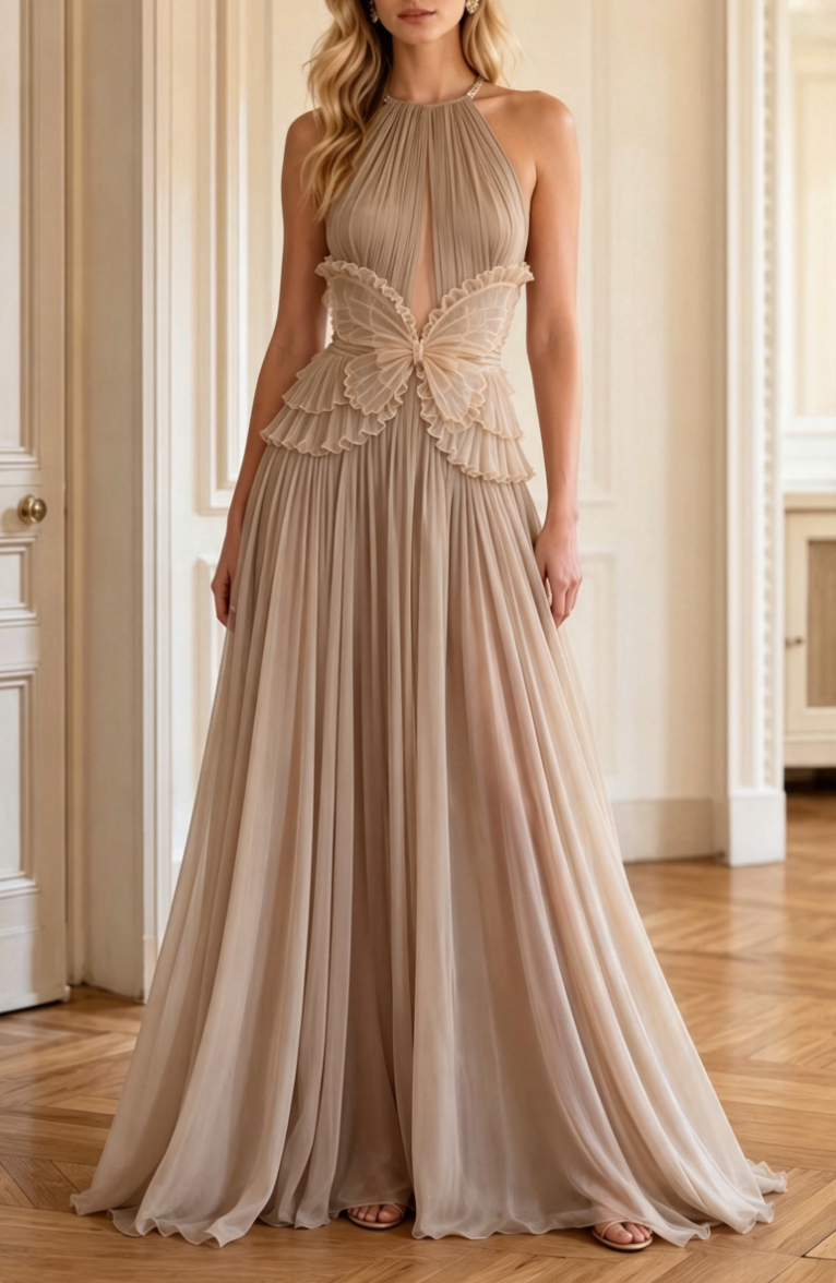 Champagne Halter Pleated Butterfly Waist Flowy Maxi Dress