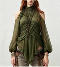 Olive Green Cold-Shoulder Draped Top