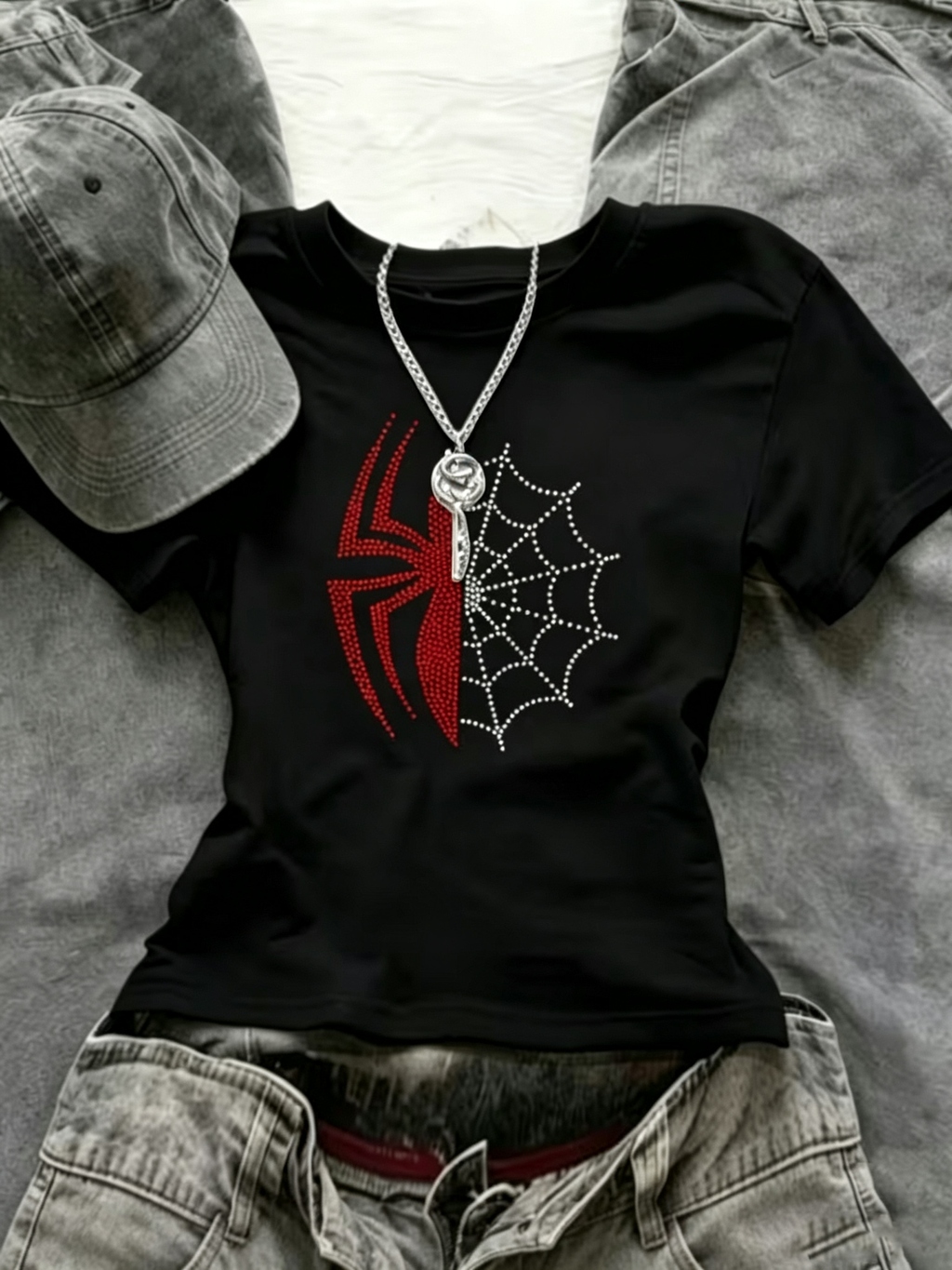Spider Web Split Graphic Baby Tee